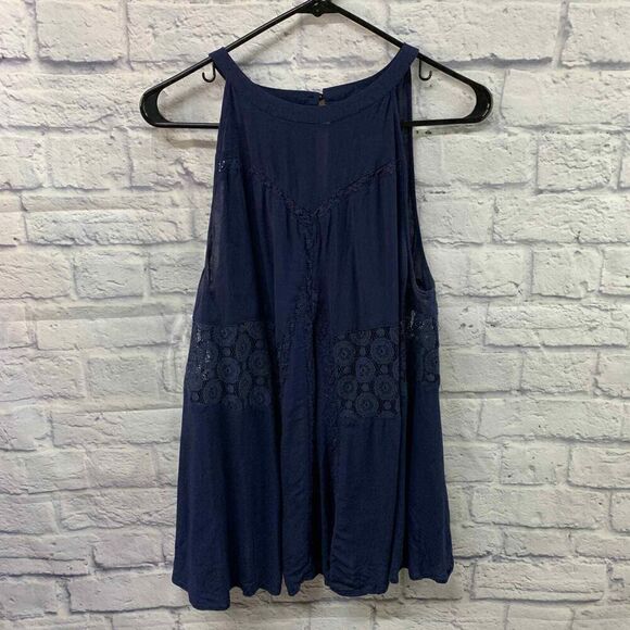 Torrid Tank Top Size 1‎ Challis Lace Inset High Neck Blue Keyhole - Picture 1 of 6